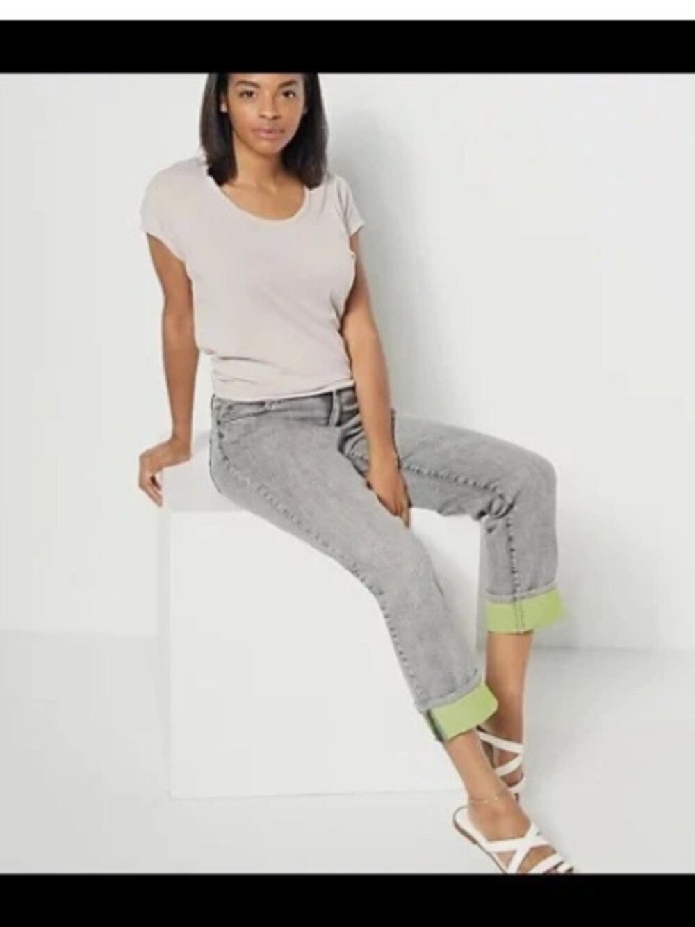 Lori Goldstein Boyfriend Jeans with Contrast Cuffs-Slate Wash-Petite 30-A399466